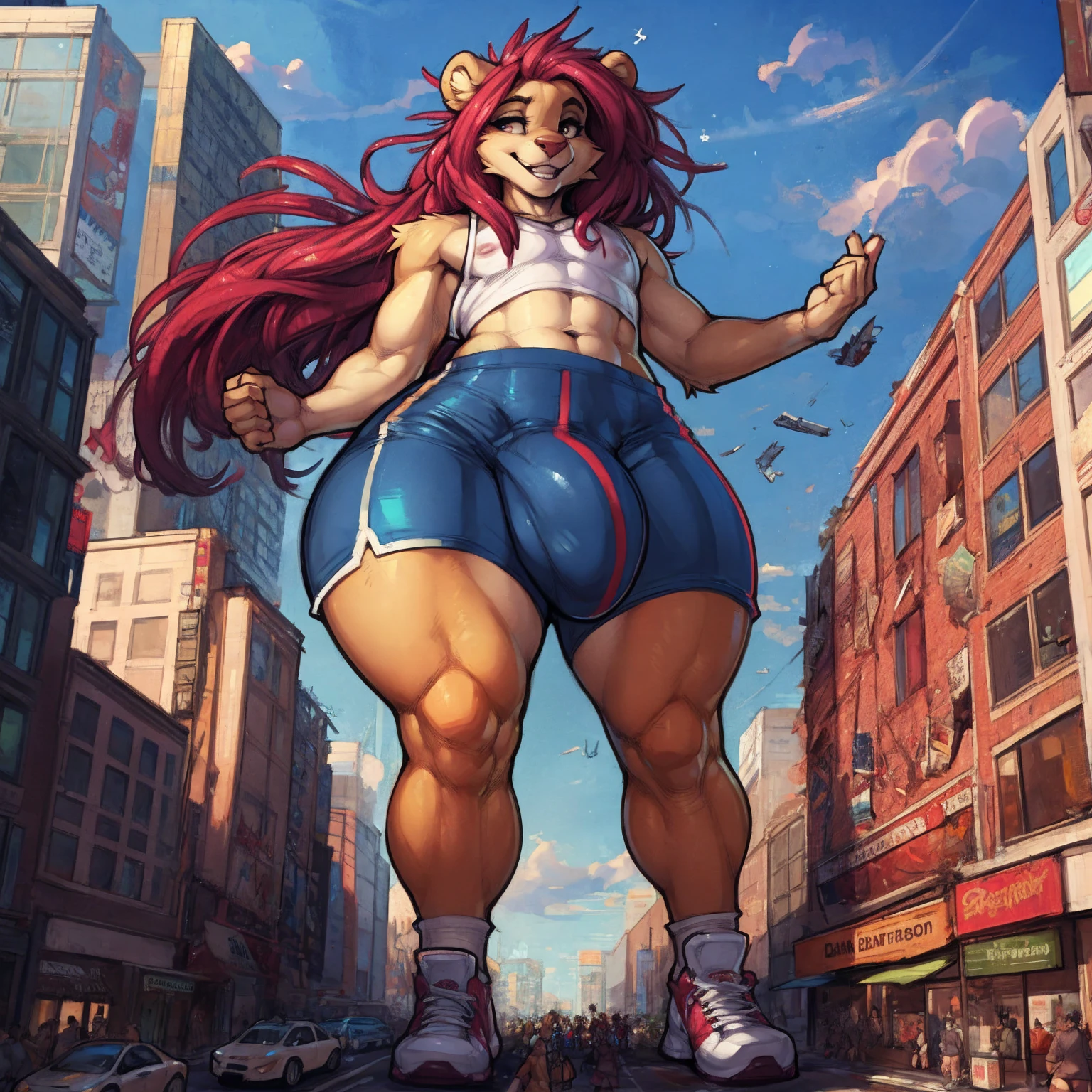 (by zackary911, by darkgem, by wyntersun, by boosterpang), solo focus, solo, 1boy, male, lion boy, cute, girly, femboy, , short boy, looking at viewer, smiling, happy, athletic figure, (hyper hips:1.3), (huge bulge), bulgeJ8, penisine, large balls, lonr, detailed eyes, lust, masterpiebest quality, lycra shorts, white tank top, nipple outline, pinkers, standing upright, photorealistic, hyperrealistic, ultradetailed, detailed background, photo background, digital drawing (artwork), girly, outside, cityscape, (giant:1.8), (macro:1.6), (crowded:1.4), (figures in background), looking at viewer, stretching, (tail), gts, walking down street, crushing, destruction,