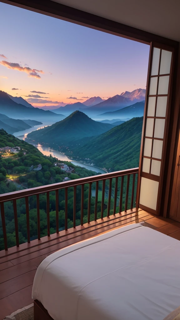 (masterpiece,Highest quality:8K) Affordable bedroom with mountain views and balcony, Beautiful views, A soothing and comfortable landscape, Detailed view, Instagram photos Nice views, beautifully、aesthetic, Beautiful nature in the background, Amazing scenery in the background, 8K Photorender Reality Engine, Beautiful views, Overlooking the valley, Nice views, beautiful place, paradise in the background