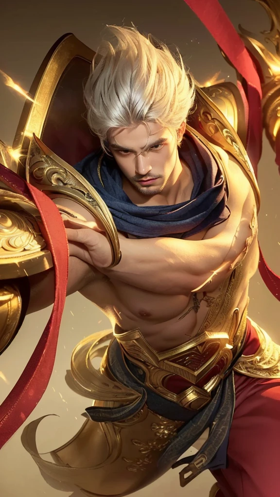 intricate portrait of a man with striking white hair, piercing blue eyes, defined facial features, detailed skin texture, gentle expression, ornate clothing, dramatic lighting, cinematic composition, photorealistic, 8k, best quality, cinematic, chiaroscuro lighting, dramatic contrasts, highly detailed