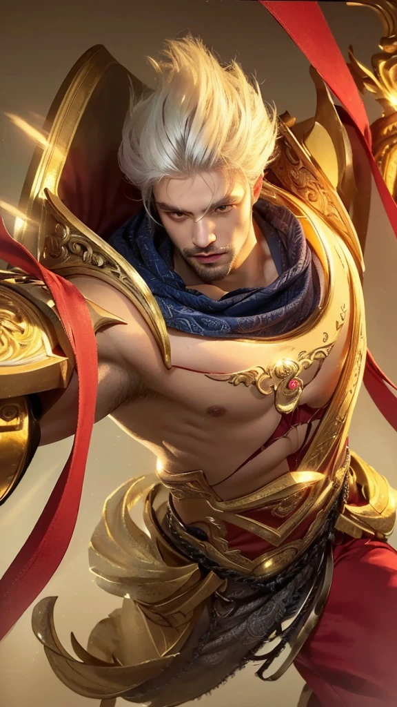 intricate portrait of a man with striking white hair, piercing blue eyes, defined facial features, detailed skin texture, gentle expression, ornate clothing, dramatic lighting, cinematic composition, photorealistic, 8k, best quality, cinematic, chiaroscuro lighting, dramatic contrasts, highly detailed