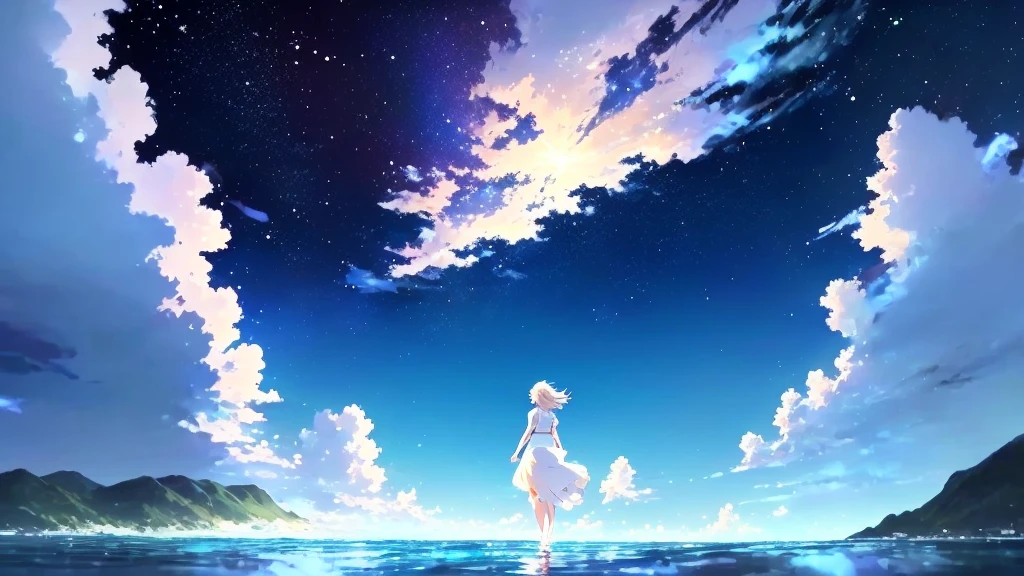 anime, A girl in a white dress floats in the water, Makoto Shinkai Cyril Rolland, anime girl walking on water, anime movie background, beautiful anime scene, today's featured anime still, anime film still, screenshot from the anime film, anime still film anime shikishi, star(null) starry_null