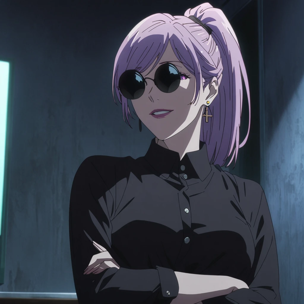 1girl, female gojo satoru, anime screencap from jujutsu kaisen, gojo satoru female version, solo, long ponytail, ((purple universal eyes)) ((purple_hair)), night view, (hanging breasts) upper_body, smile, indoors, book, purple_eyes, lips, (swept bangs) ((wearing black colour outfit with button)) breast, "very detailed and high resolution" (purple eyes) (((cross arms))) ((long ponytail)) ((solo)) (front view) (earings) ((high resolution)) ((good quality)) ((swept bangs)) (purple hair)) ((wearing round sunglasses on the head))