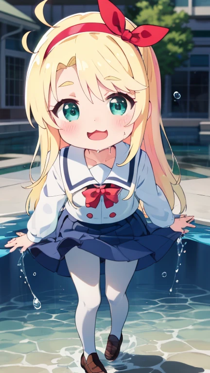 Super detailed,Highest quality,masterpiece, One girl, ahoge,long hair,blonde hair,hair bow,bow hairband,red hairband,thick eyebrows,parted bangs,aqua eyes,:3, school uniform,blue dress,sailor dress,pinafore dress,white sailor collar,white shirt,red bowtie,long sleeves,flat chest,white pantyhose,loafers, from above, White short socks, smile, Open your mouth, cuteポーズ, (Completely flooded)、Immersed in water、Transparent pool, Water Play, Primary school students、Skirt fully open、Long wide skirt、cute、blush、Watery eye、Lots of water、Wet、((The skirt spreads over the water surface.))、(Drowning)、