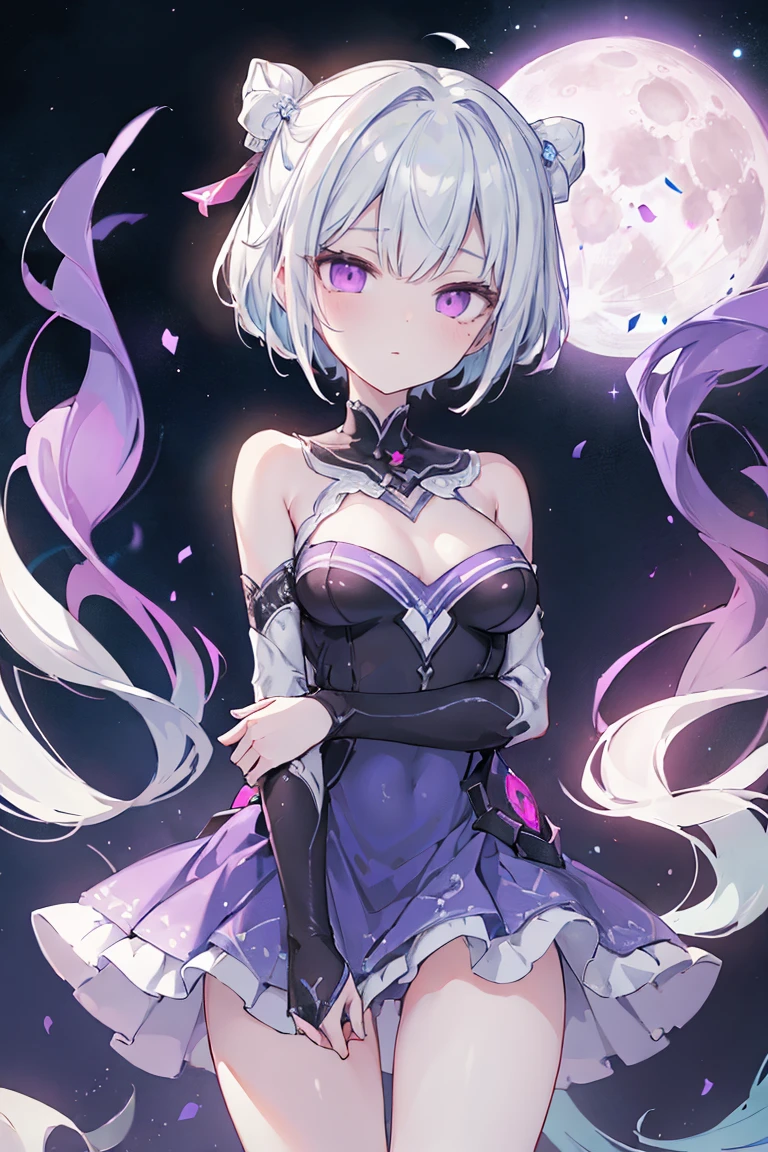 1girl, アニメ, cute girl, blank background, white background, fantasy, detailed fantasy dress with highlights, beautiful face, beautiful eyes, dark colors, black hair with multicolor streaks, red eye with different color pupil in eye, multicolor eye, medium breasts, slight cleavage, beautiful skin, cute, breast curtains, extremely delicate and beautiful, (beautiful detailed face:1.0), (detailed deep eyes), symmetrical breasts, deep eyes, shiny skin, portrait, slender waist, hips wider than shoulders, thighs, expressionless, young girl, luminous eyes, adorable，（Kpop idol）,（aegyo sal：1），（Platinum blonde hair：1），（（puffy eye）），Black panty，sexy posture，Superskirt, Ultra-high resolution，Black collar，slim figure, Abdominal y tattoo, womb tattoo，Tight-fitting leg ring，y tattoo on half-body，Bare skin, Armored hand，Hidden fingertips，Hand covered，Arm covered，Fist covered,{{beautiful detailed fingers}}, tufts of hair, moderate beautiful breast:1.0,(masterpiece:1.2), best quality, high-res, HDR, perfect face, intricate armor, delicate blue filigree, intricate filigree, red metalic parts, detailed part, dynamic pose, dynamic lights, cute face, neutral expression, shuimobysim, lotus, Hanfu, maxi skirt, dress conservatively 1girl, 独奏, long blue hair, standing, One lady,14years,((White hair) ,(Shiny purple bodysuit with microskirt),((Fantasy, Moon Night)), gradient_eyes,