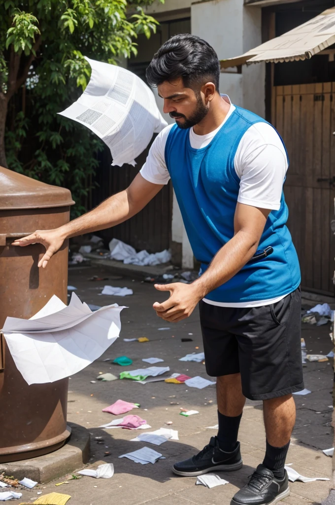 A man throwing waste papers into dustbin