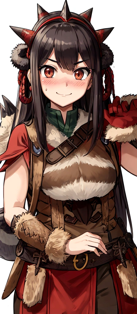 (monsterhunter)), looking the viewer, solo, girl, shy, red cheek, bashful, embarrassed, smiling, happy, perfect face, muscular, long hair, beautiful eye, upper body