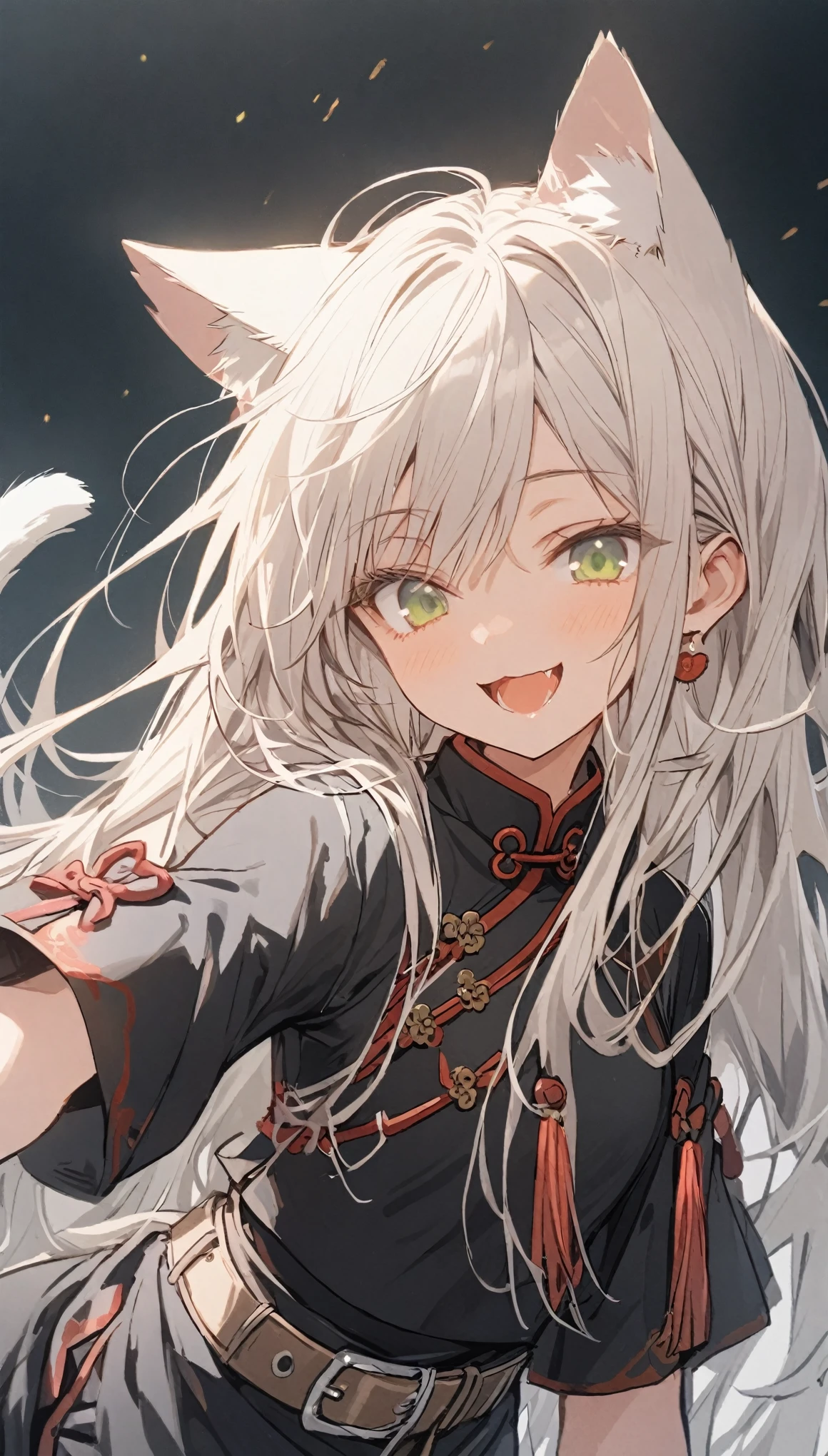 white_hair Droopy eyes Fleeting calm mild mischief Smile cute_girl cat ears Cat mouth green_eye Moe sleeves gray_Farbe_chinese_clothes Belt on torso