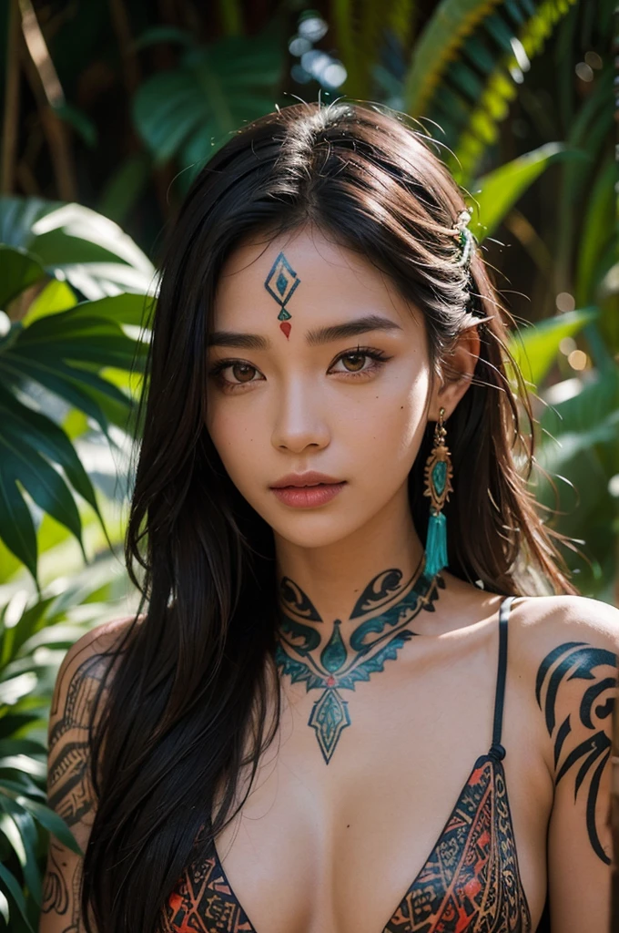 a beautiful sexy native woman, detailed facial features, long dark hair, intricate tribal tattoos, glowing skin, exotic jewelry, detailed tribal clothing, detailed tropical jungle background, award winning photography, cinematic lighting, vibrant colors, stunning portrait