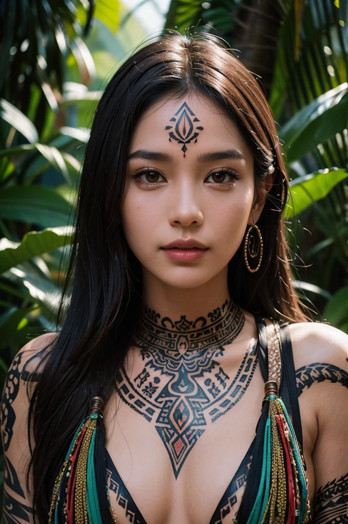 a beautiful sexy native woman, detailed facial features, long dark hair, intricate tribal tattoos, glowing skin, exotic jewelry, detailed tribal clothing, detailed tropical jungle background, award winning photography, cinematic lighting, vibrant colors, stunning portrait