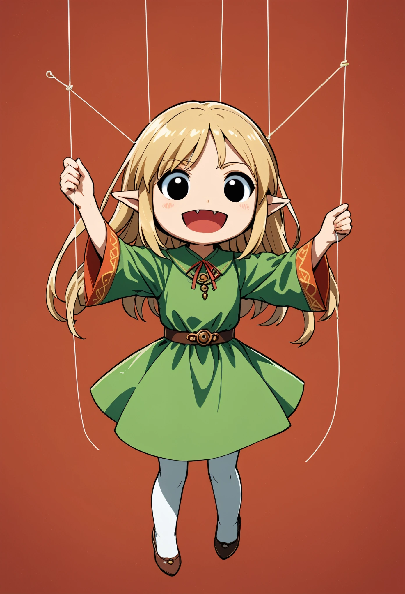 1girl,String puppet，Link all limbs，Not like a living person，Solid color background，Puppet face，Head down，Terrifying atmosphere，（Uncoordinated body movements，Weird action）