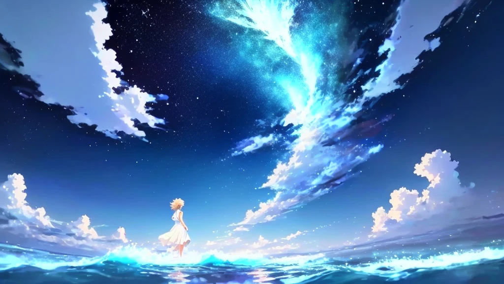 anime, A girl in a white dress floats in the water, Makoto Shinkai Cyril Rolland, anime girl walking on water, anime movie background, beautiful anime scene, today's featured anime still, anime film still, screenshot from the anime film, anime still film anime shikishi, star(null) starry_null