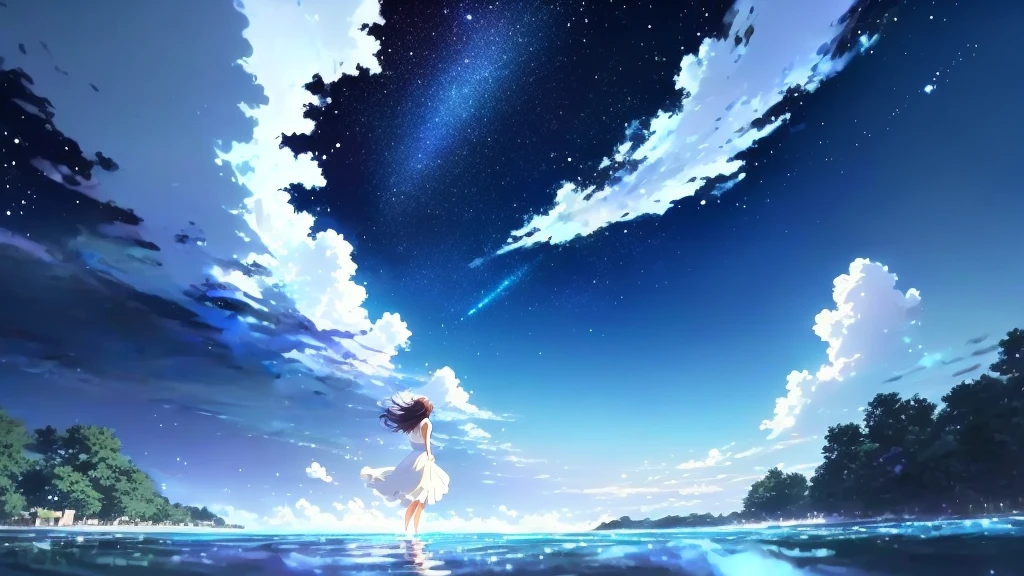 anime, A girl in a white dress floats in the water, Makoto Shinkai Cyril Rolland, anime girl walking on water, anime movie background, beautiful anime scene, today's featured anime still, anime film still, screenshot from the anime film, anime still film anime shikishi, star(null) starry_null