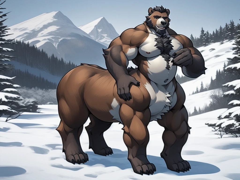 furry, fur taur, beartaur, middle-age, solo, detailed face, bear ears, bear eyes(brown), bear nose(black), bear mouth, garibaldi beard(grey), mature hair(grey), detailed arms(strongest), muscular, hands(5 fingers), detailed body belly, muscle belly(white), chest hair(grey), detailed taur body, bear paws, bear tail, full body shot, nude, snow, standing on the mountain top