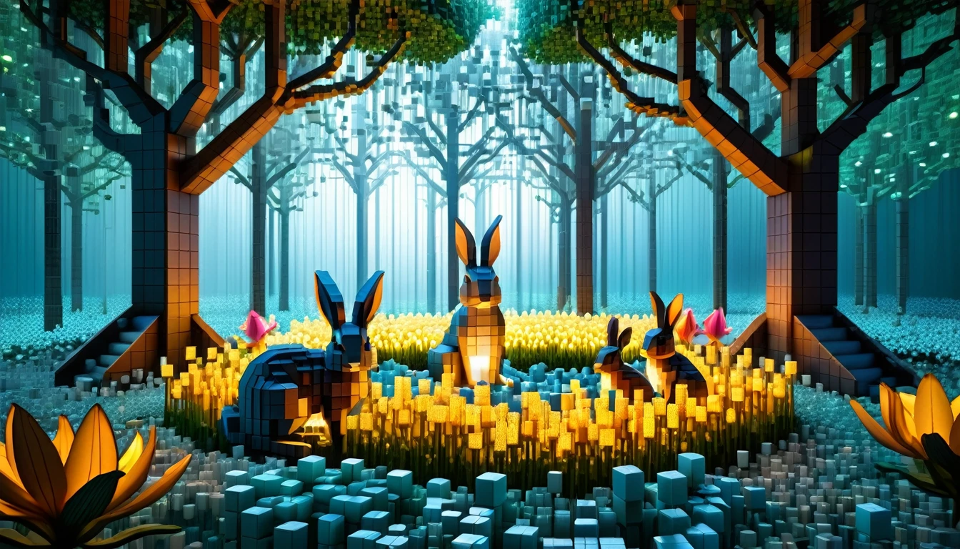 An enchanted forest made up of RAL-3D cubes, There are lots of small animals,Surrounded by fantastic light,Very beautiful secret forest,Small rabbits and lilies are gathered together