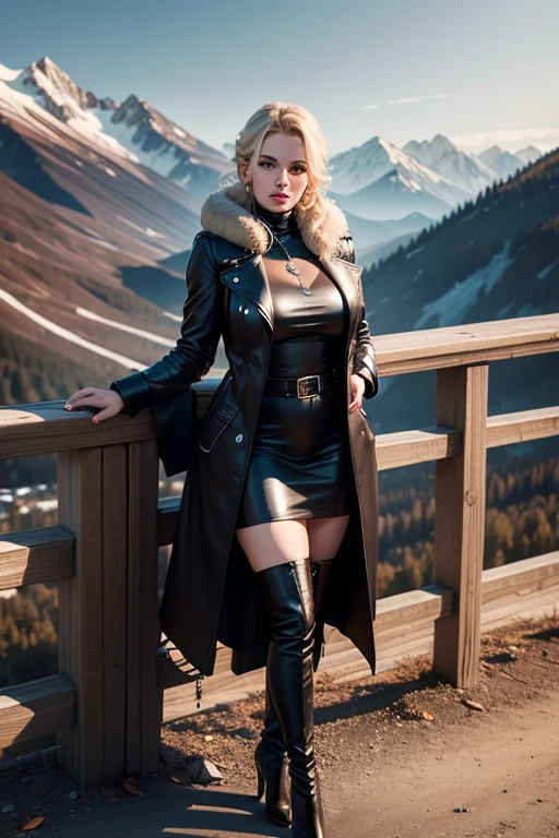 high quality, very beautiful Ukrainian milf in a knee-length leather coat, and high heeled boots, stands at full height against the backdrop of the mountains