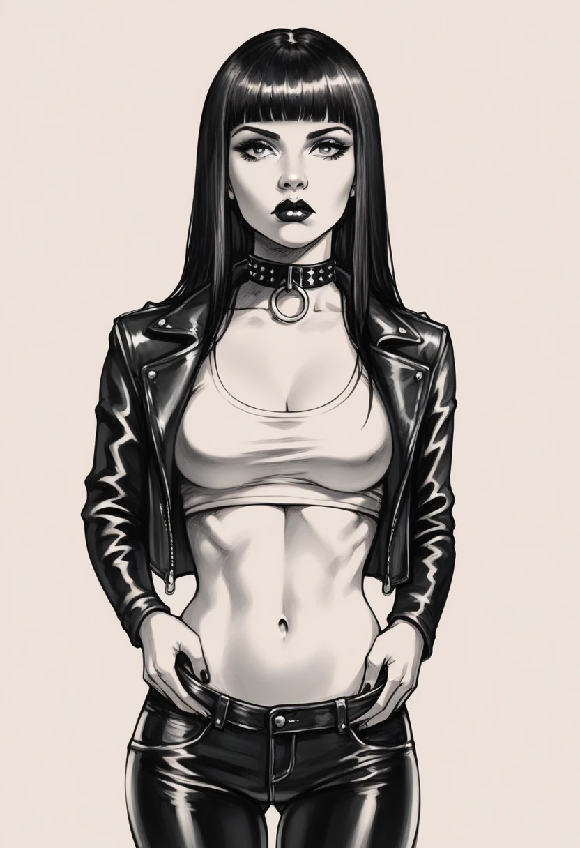 score_9, score_8_up, score_7_up, score_6_up, sp1t, sketch, detailed hatching, monochrome, pale, smooth skin,, long straight black hair, blunt bangs, full lips, slender physique, leather jacket, biker shirt, studded collar, black pants, black lips, scowl, centered
