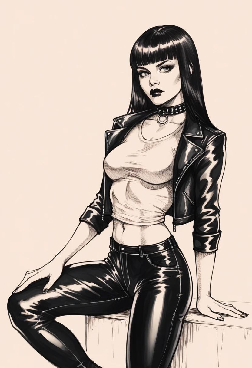 score_9, score_8_up, score_7_up, score_6_up, sp1t, sketch, detailed hatching, monochrome, pale, smooth skin,, long straight black hair, blunt bangs, full lips, slender physique, leather jacket, biker shirt, studded collar, black pants, black lips, scowl, centered
