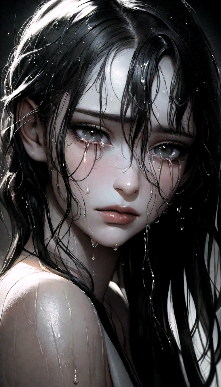 a close up of a woman with wet hair and a black background, crying fashion model, photography of albert watson, tears dripping from the eyes, wet dripping hair, awesome and moody, by irakli nadar, tears running down face, 8k artistic portrait photography, rain drops on face, black and white artistic photo, sultry expression, emotive portrait, close up, portrait, macro lens, 100mm 1.8, dramatic pose, award winning portrait, crystal clear, micro-details, eye portrait