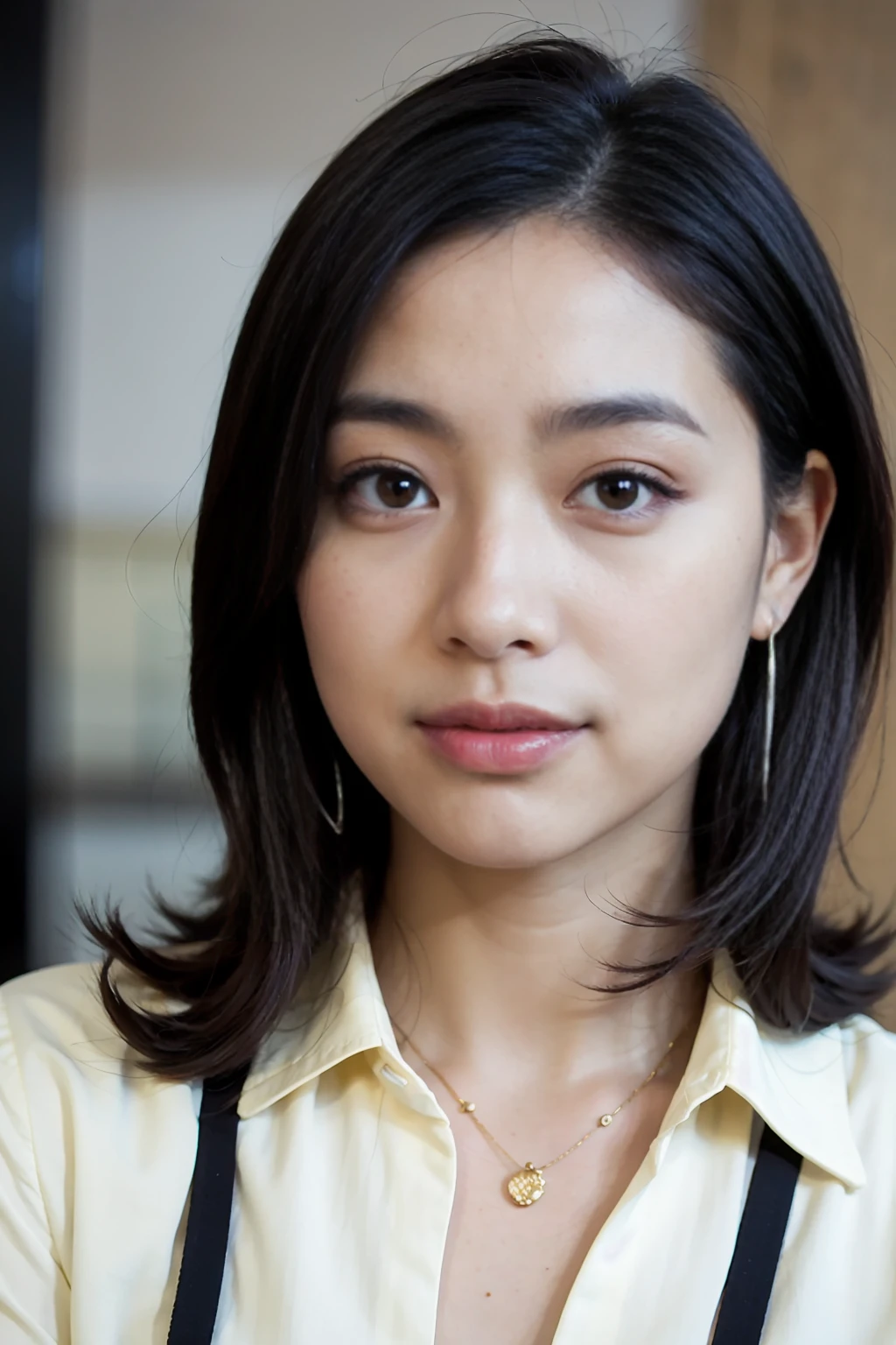 A young 19-year-old woman named Lila Nakamura with a mixed Japanese and French heritage. She has thick dark black eyeliner, glossy lips, and a neutral to slight smile expression. She has straight, black hair with blonde highlights that falls just past her shoulders, styled in a neat and polished manner. Her eyes are almond-shaped with a light hazel color, accentuated by subtle eyeshadow and mascara. Her skin has a light to medium tone with a natural, fresh look, and she has a few delicate freckles across her nose. She is wearing a simple, professional outfit, consisting of a white blouse and dark jeans, and accessorized with small gold hoop earrings. The background is a neutral studio setting with soft lighting to highlight her features.