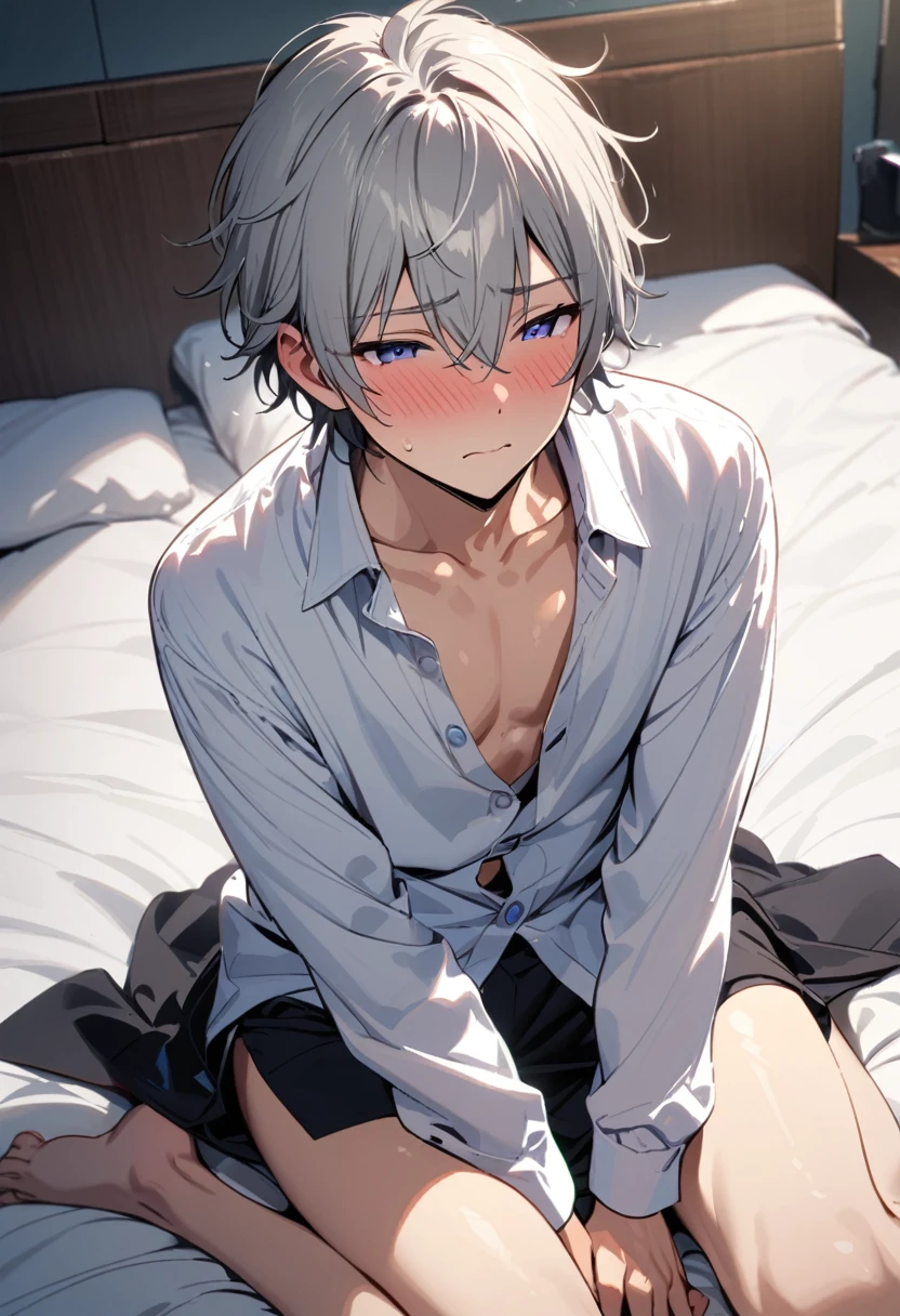 masterpiece, best quality, extremely detailed, anime, 1boy, male focus, solo, from front, detailed face, cowboy shot, male body, thin body, 20yo, ikemen:1.3, short hair, white shirt, dress shirt, long sleeves, collarbone, bare legs, sitting on bed, wariza, blushing, shy, embarrassed, half-open eyes, room, dynamic angle, full body