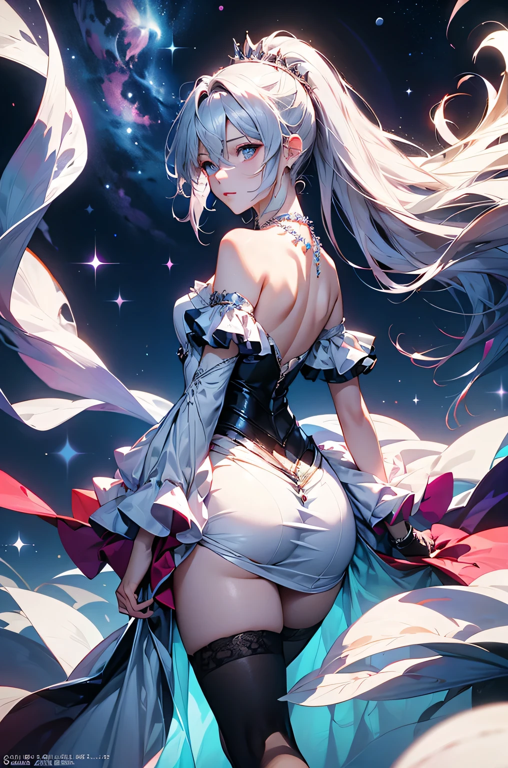 (masterpiece:1.5, Highest quality, Very detailed、 Dutch Angle、Semi-Realistic、Fantasy)(One girl, alone)(White and beautiful hair:1.4,,Straight Long Hair)(White based dress)、((Off the shoulder、Medium Chest、ruby necklace))(from backside,The buttocks are slightly visible、Legs wrapped in tights)(Beautiful starry sky、Mystical Night、Particles of light float around the woman、Fantasy space)Kiana Kaslana