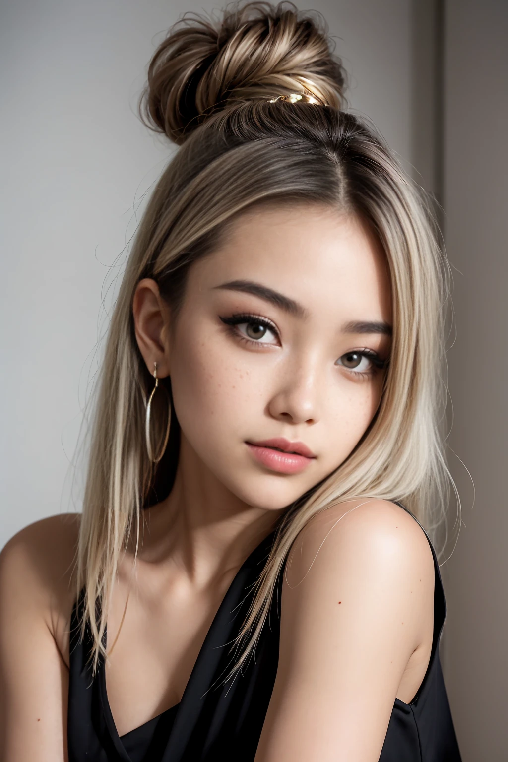 A young 19-year-old woman named Lila Nakamura with a mixed Japanese and French heritage. She has thick dark black eyeliner, glossy lips, and a neutral to slight smile expression. She has straight, black hair with blonde highlights that falls just past her shoulders, styled in a neat and polished manner. Her eyes are almond-shaped with a light hazel color, accentuated by subtle eyeshadow and mascara. Her skin has a light to medium tone with a natural, fresh look, and she has a few delicate freckles across her nose. She is wearing a simple, professional outfit, consisting of a white blouse and dark jeans, and accessorized with small gold hoop earrings. The background is a neutral studio setting with soft lighting to highlight her features.