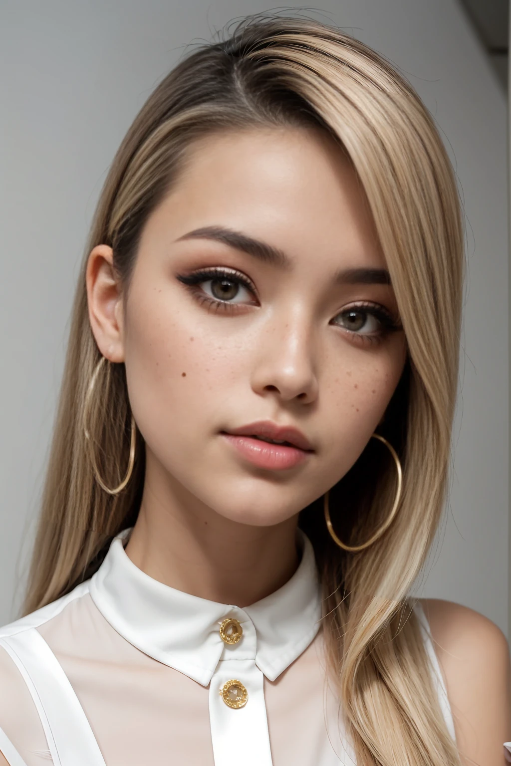 A young 19-year-old woman named Lila Nakamura with a mixed Japanese and French heritage. She has thick dark black eyeliner, glossy lips, and a neutral to slight smile expression. She has straight, black hair with blonde highlights that falls just past her shoulders, styled in a neat and polished manner. Her eyes are almond-shaped with a light hazel color, accentuated by subtle eyeshadow and mascara. Her skin has a light to medium tone with a natural, fresh look, and she has a few delicate freckles across her nose. She is wearing a simple, professional outfit, consisting of a white blouse and dark jeans, and accessorized with small gold hoop earrings. The background is a neutral studio setting with soft lighting to highlight her features.