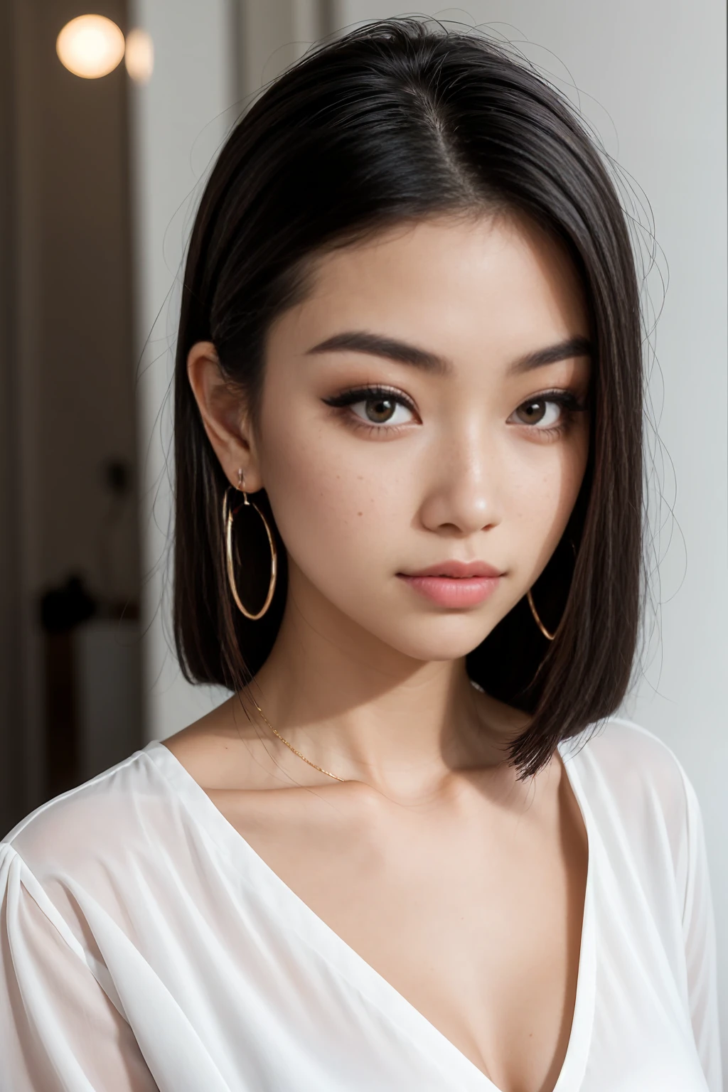 A young 19-year-old woman named Lila Nakamura with a mixed Japanese and French heritage. She has thick dark black eyeliner, glossy lips, and a neutral to slight smile expression. She has straight, black hair with blonde highlights that falls just past her shoulders, styled in a neat and polished manner. Her eyes are almond-shaped with a light hazel color, accentuated by subtle eyeshadow and mascara. Her skin has a light to medium tone with a natural, fresh look, and she has a few delicate freckles across her nose. She is wearing a simple, professional outfit, consisting of a white blouse and dark jeans, and accessorized with small gold hoop earrings. The background is a neutral studio setting with soft lighting to highlight her features.