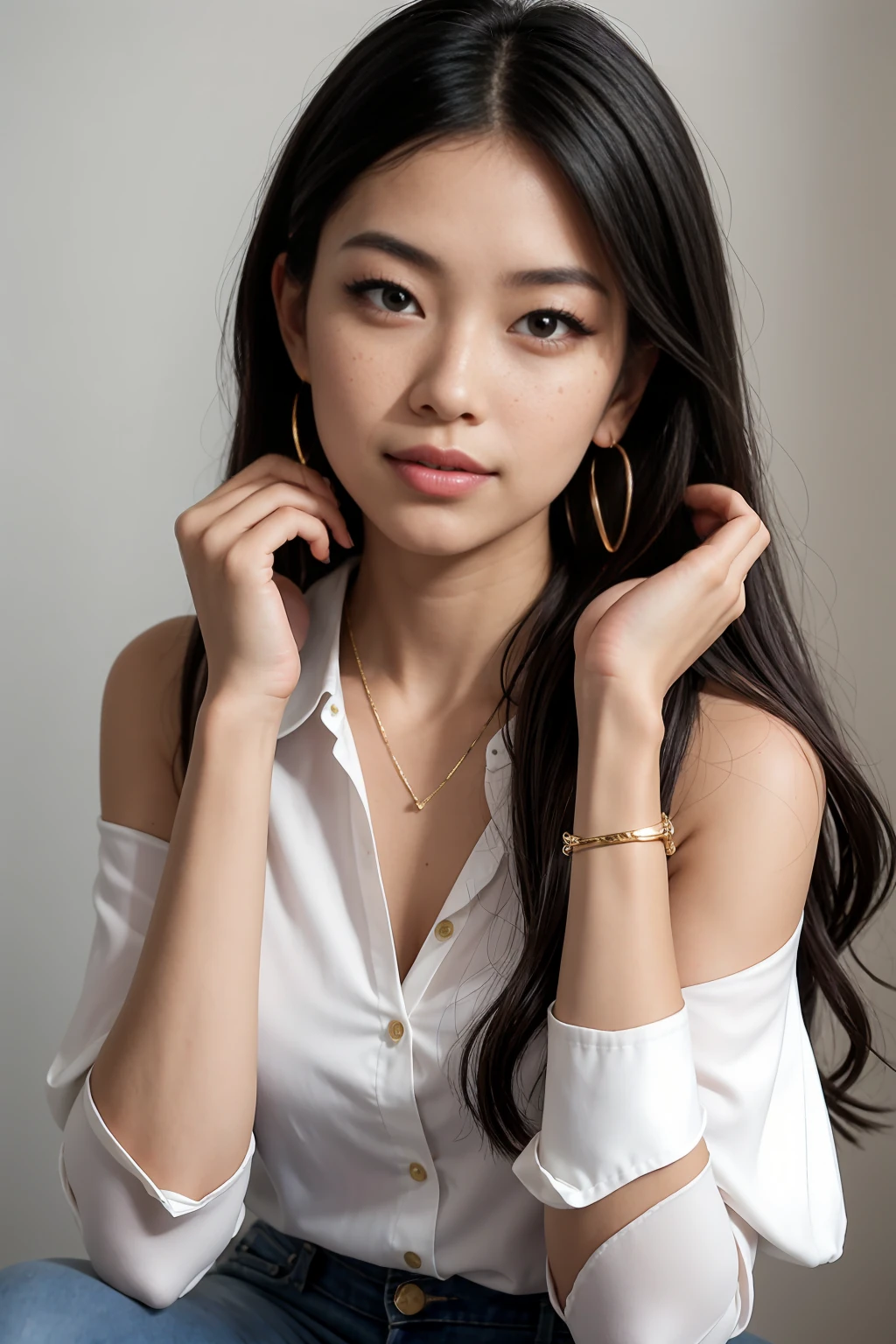 A young 19-year-old woman named Lila Nakamura with a mixed Japanese and French heritage. She has thick dark black eyeliner, glossy lips, and a neutral to slight smile expression. She has straight, black hair with blonde highlights that falls just past her shoulders, styled in a neat and polished manner. Her eyes are almond-shaped with a light hazel color, accentuated by subtle eyeshadow and mascara. Her skin has a light to medium tone with a natural, fresh look, and she has a few delicate freckles across her nose. She is wearing a simple, professional outfit, consisting of a white blouse and dark jeans, and accessorized with small gold hoop earrings. The background is a neutral studio setting with soft lighting to highlight her features.