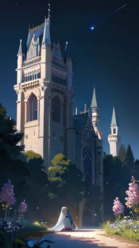 Bioluminescent roses, a queen sleeping on the ground, garden, castle, church, towers, flying on air, unrealistic physics