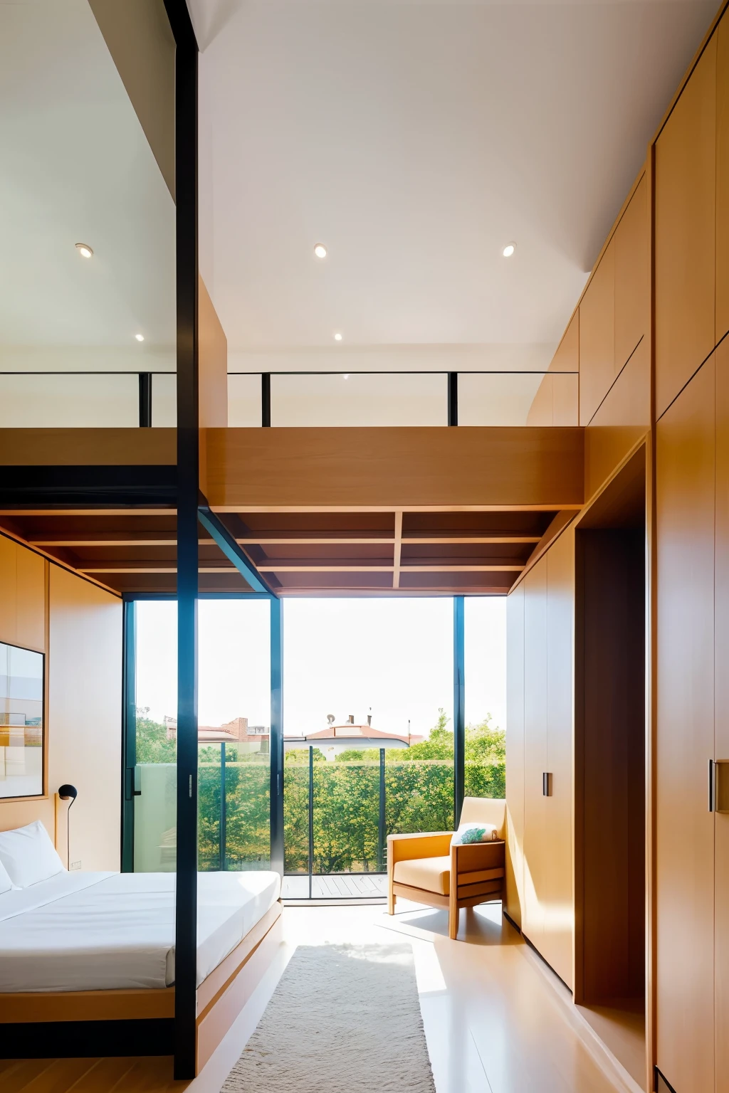 ((Best Quality)), ((Masterpiece)), (detailed), room with two beds and closet, with its window under the concept of playful architecture in a residence center