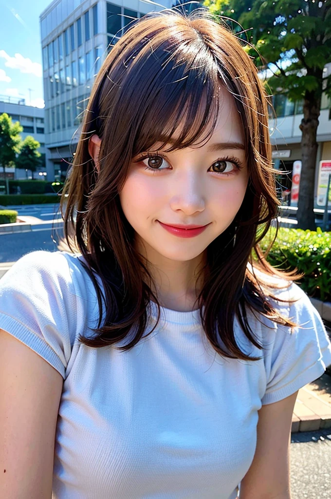 (8K, Raw photo:1.2), Detailed face and eyes,Best Quality, 超A high resolution, Highly detailed ,intricate detailes ,masutepiece ,Cute Girl , smiling, Soft cinematic light, Hyper-detailing,Sharp Focus, High quality, brown hair, bob cuts, The background is blue sky, Blurred Background, Particles of light, Strong winds,