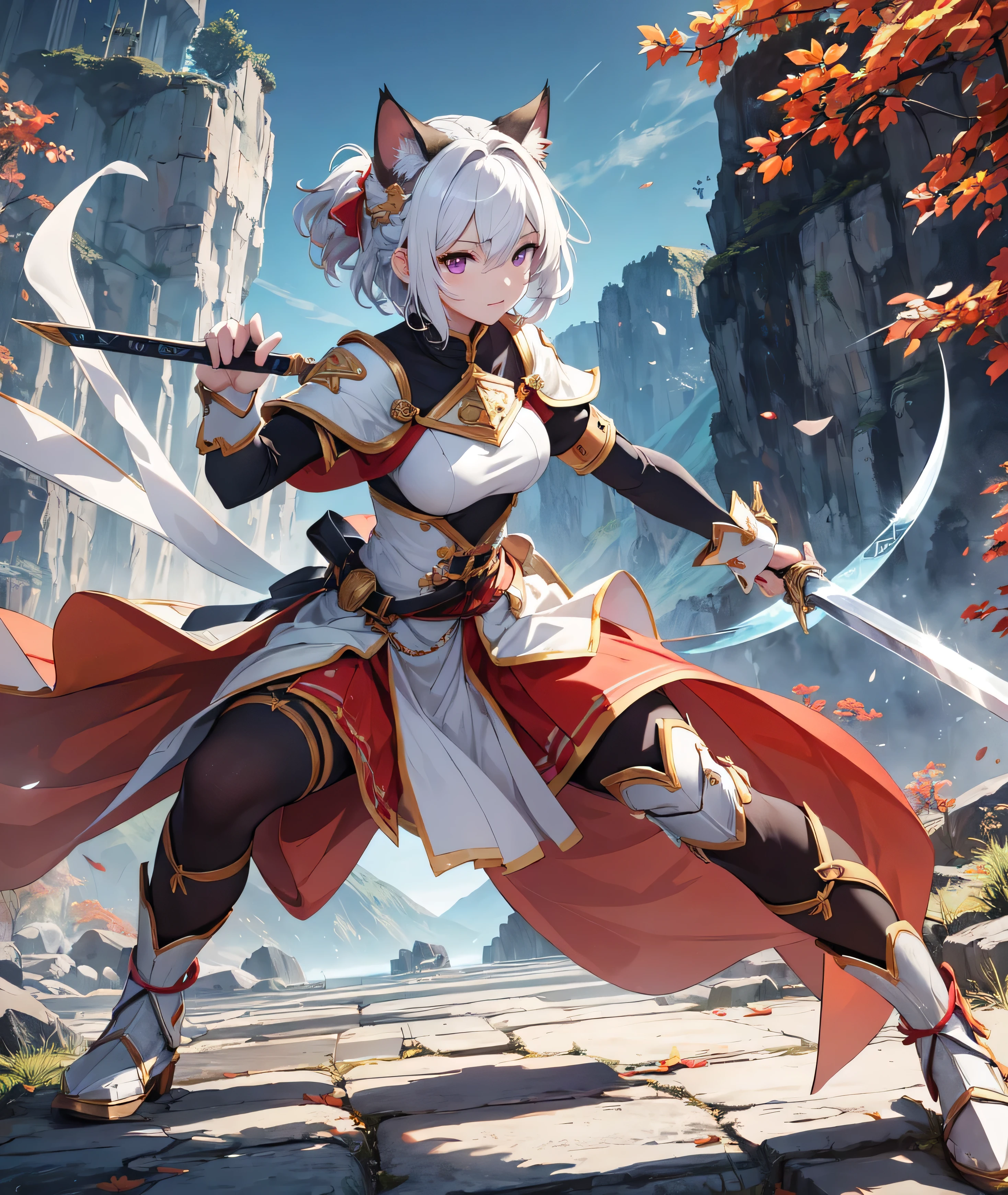 beautiful and delicate girl, clear and beautiful, Make your character the main point of view, glowing skin, female, 20 years old, Short hair, shortcut, Short hair, Beautiful and delicate glass hair, 칼을 휘두르는 female warrior 포즈, 크고 colorful swords, weapon, Attack moves to defeat enemies, full body pose, two handed sword, big knife, colorful swords ((greek costume, 2 Costume colors, white background, Red 패턴)) ((Clothes color White background, Red 패턴)) ((Double color, White, Red)) ((Use only two colors of clothing, White, Red))beautiful and delicate eyes, purple eyes, moderate chest, real skin texture, Very nice 8KCG wallpaper, Very cool 8K CG wallpaper, Watercolor (middle), female warrior, light orange hair, (((upper body cut))), (((Cat's ears dark 보라색))), (((dark, dark 밤, midnight))) (((nature background, mountain, wood))), ((outdoors)) Dynamic fighting stance with a sword, I can see my whole body, angle seen from a distance, Zoom out, 신foot, foot, Make your whole body visible