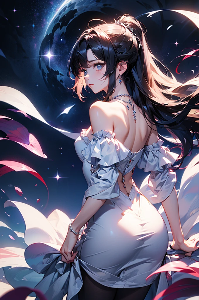 (masterpiece:1.5, Highest quality, Very detailed、 Dutch Angle、Semi-Realistic、Fantasy)(One girl, alone)(White and beautiful hair:1.4,,Straight Long Hair)(White based dress)、((Off the shoulder、Medium Chest、ruby necklace))(from backside,The buttocks are slightly visible、Legs wrapped in tights)(Beautiful starry sky、Mystical Night、Particles of light float around the woman、Fantasyな空間)Kiana Kaslana
