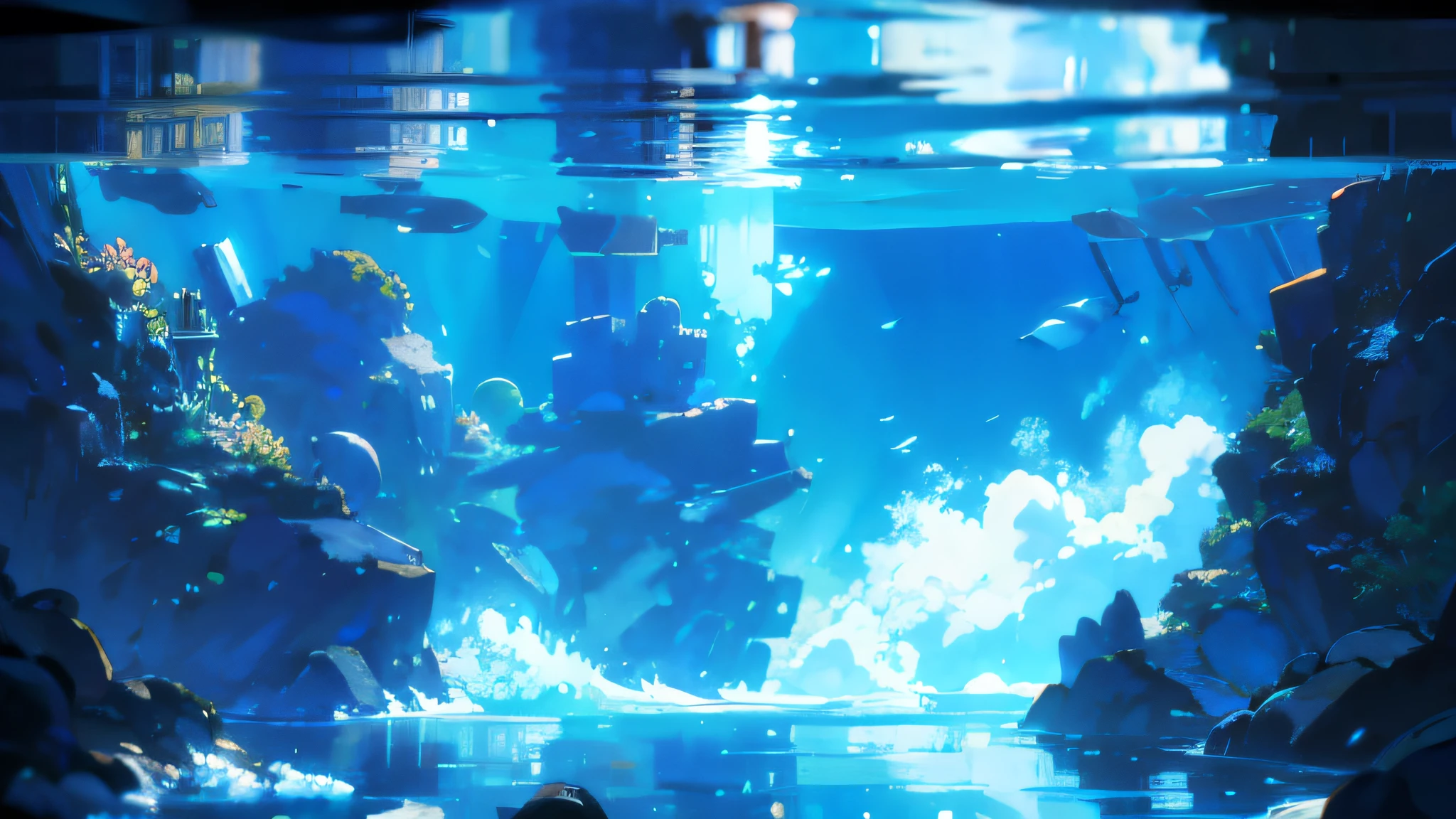 Ocean Beach Underwater Anime-style Flat illustration 2D Underwater light Light shining Bright Blue Like a blue dwelling Streaming standby screen Ultra high resolution