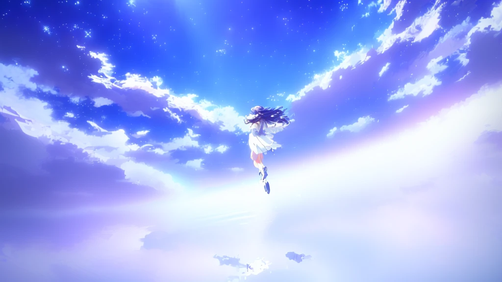 anime, A girl in a white dress floats in the water, Makoto Shinkai Cyril Rolland, anime girl walking on water, anime movie background, beautiful anime scene, today's featured anime still, anime film still, screenshot from the anime film, anime still film anime shikishi, star(null) starry_null