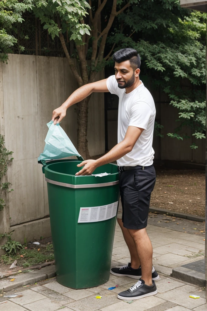 A man throwing waste paper into green dustbin