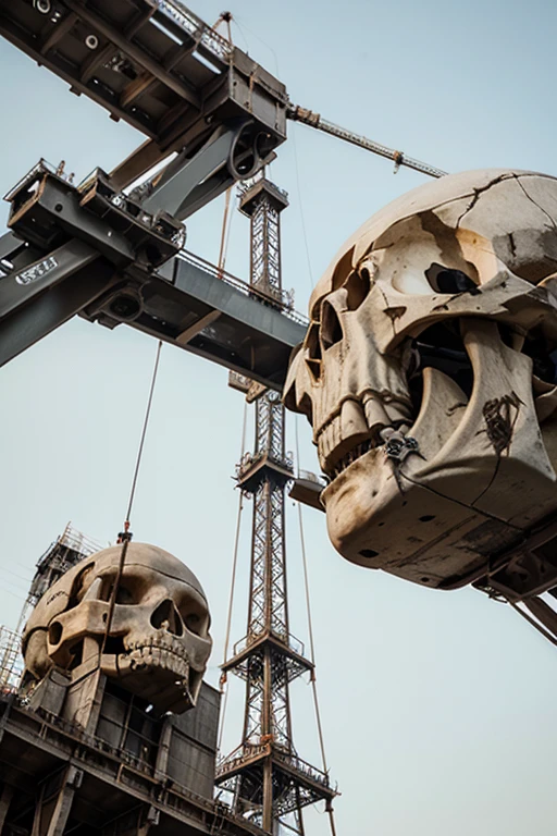 A construction crane seen from below from a low angle, with an absolutely giant human skull hanging on the crane arm