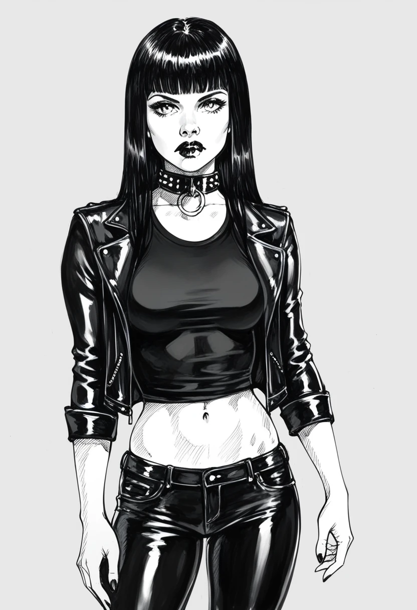 score_9, score_8_up, score_7_up, score_6_up, sp1t, sketch, detailed hatching, monochrome, pale, smooth skin,, long straight black hair, blunt bangs, full lips, slender physique, leather jacket, biker shirt, studded collar, black pants, black lips, scowl, centered