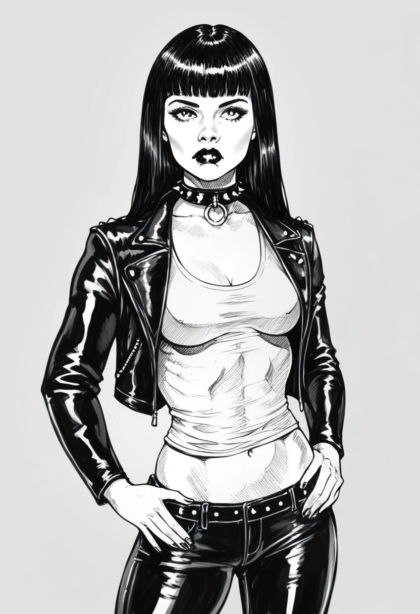 score_9, score_8_up, score_7_up, score_6_up, sp1t, sketch, detailed hatching, monochrome, pale, smooth skin,, long straight black hair, blunt bangs, full lips, slender physique, leather jacket, biker shirt, studded collar, black pants, black lips, scowl, centered
