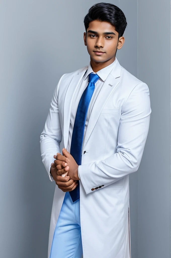 21 year old indian boy With fair skin and narrow body Posing for a linkedin picture in formals and it should be clean white background with a decent blue light coming from the background