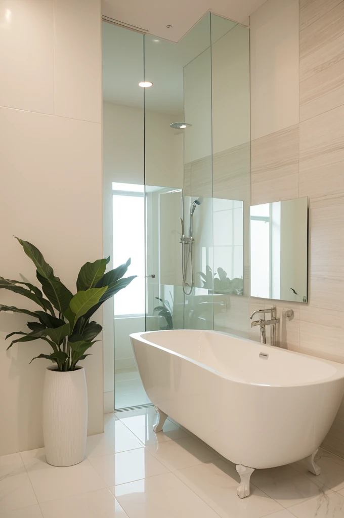 ndoors, shoot the entire room from the front at a 45-degree angle. There are no windows and the walls are covered with light beige tiles. Modern luxury bathroom with minimalist design. Featuring a large floating vanity with white top and rectangular sink, dark wood drawers and elegant faucets. A large rectangular backlit mirror spans the wall behind the vanity. There is a freestanding oval bathtub on the light tiled floor to the right. Tall vases with white flowers and green plants are placed around the room, adding a touch of nature. The lighting is warm and atmospheric. Quality labels: [Super detailed], [Authentic], [High quality]