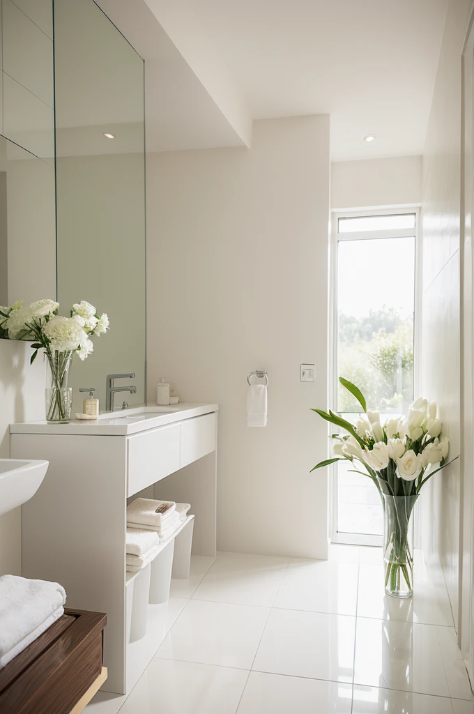 ndoors, shoot the entire room from the front at a 45-degree angle. There are no windows and the walls are covered with light beige tiles. Modern luxury bathroom with minimalist design. Featuring a large floating vanity with white top and rectangular sink, dark wood drawers and elegant faucets. A large rectangular backlit mirror spans the wall behind the vanity. There is a freestanding oval bathtub on the light tiled floor to the right. Tall vases with white flowers and green plants are placed around the room, adding a touch of nature. The lighting is warm and atmospheric. Quality labels: [Super detailed], [Authentic], [High quality]