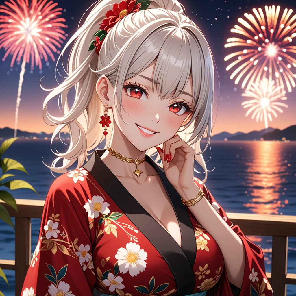 ((One personの女性)), Beautiful Face, (Laughing embarrassedly), (smirk:1.4), ((Wink:1.5)), (head tilt:1.3), Laugh with your mouth wide open, upper teeth, looking at viewer, (Doing sexy poses), ((Bright red cheeks:1.4)), Glossy Red Lips, (Big Breasts:1.4), night,Terrace with sea view, firework, Glossy pink lips, Shining Face, ((Anime style background)),masterpiece, Highest quality, so beautiful,up to date, Complex details, (long nails of red color), (nail art), (ring),(bracelet),(Floral choker), (helix piercing:1.3), AI-generated, Complex,High resolution, Highest quality, super high quality,3D Images、3D Images,One person,Long white hair,High Ponytail, Anime woman posing for a photo, ((Blue eyes:1.2)), ((Fine grain、gradient eyes、Shining Eyes:1.4)), (Squint your eyes:1.1),a hyperRealistic , hyperRealistic , Realistic,Anime woman with long white hair, Smooth anime CG art, (A woman in a colorful kimono with gold embroidery), ((Black long sleeve kimono:1.3)), Red floral pattern,Long flower hair ornament,Earrings,Mature Body,Tall,Abdominal muscles,Tight waist, ((face focus:1.8)), (dutch angle:1.3),