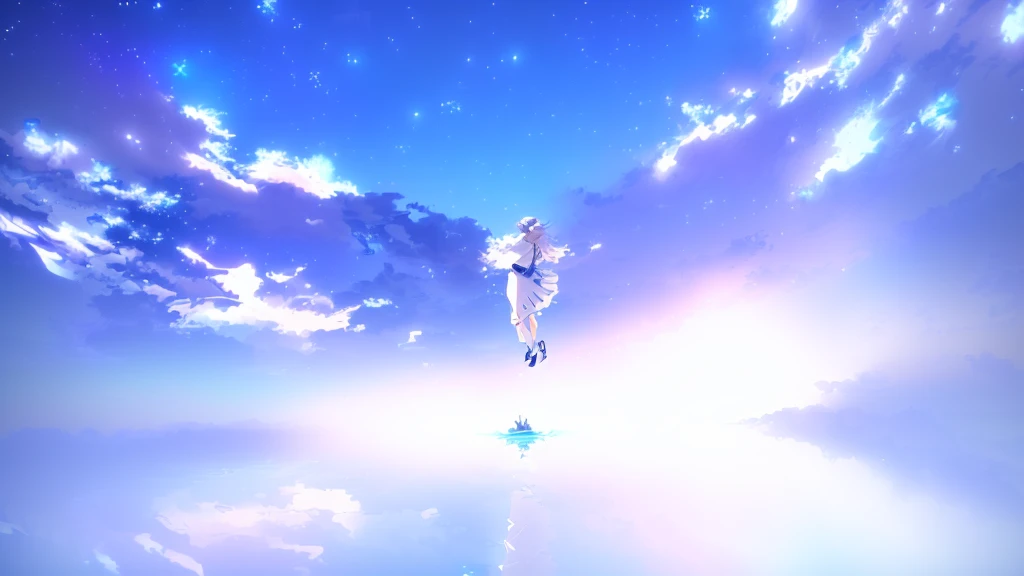 anime, A girl in a white dress floats in the water, Makoto Shinkai Cyril Rolland, anime girl walking on water, anime movie background, beautiful anime scene, today's featured anime still, anime film still, screenshot from the anime film, anime still film anime shikishi, star(null) starry_null
