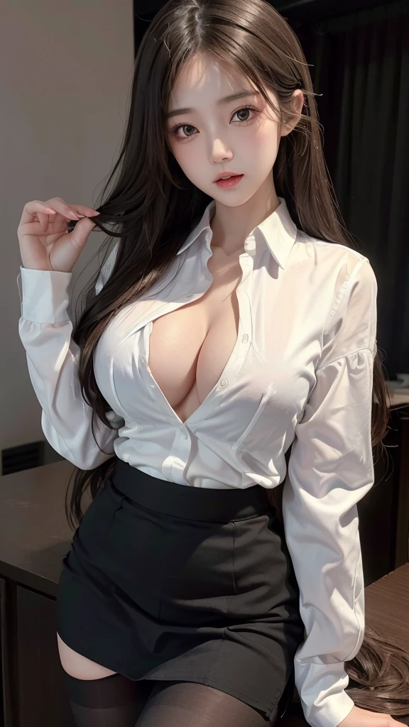 ((Best quality, 8k, Masterpiece :1.1)), Sharp focus :1.2, A Pretty Girl with perfect figure :1.4, Slender abs :1.2, ((Layered long hair, Big breasts :1.2)), (White tight shirt :1.3), office wear, mini black tight skirt (Sultry) ((Aroused: 1.5)), night: 1.5, ((detailed office uniform)), ((detailed clothing)), (detailed pantyhose), revealing cleavage  , Rain :1.5, Street:1.3, Highly detailed face and skin texture, Detailed eyes, Double eyelid