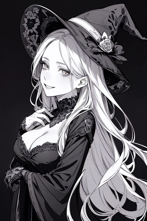 Highest quality, (Background details), High Contrast, Very beautiful woman, Detailed original illustrations、functional、witch、Pointed hat、Black Robe、Delicate face、Charm、Villainess、sexy、Real breasts、Crazy Smile, Crazy Eyes,   Black background, (Black background: 1.5), Beautiful line art、Monochrome