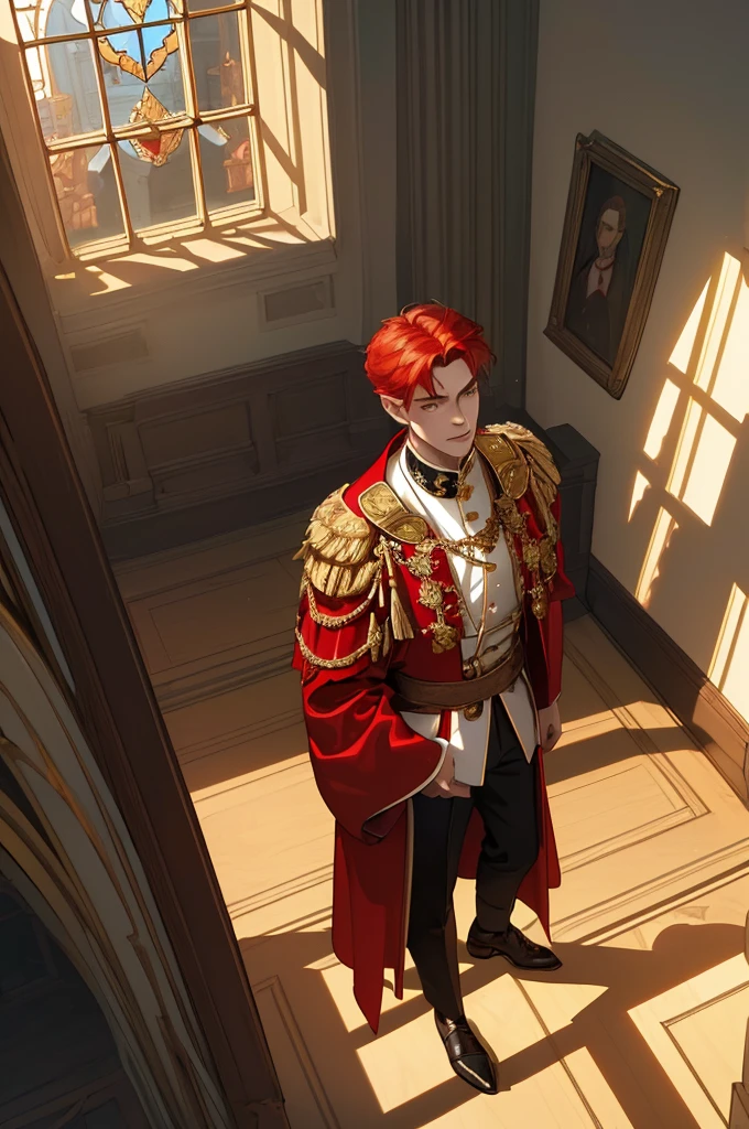 (masterpiece, highest quality), a high angle perspective view of a young man walking in the castle halls he has red hair and yellow eyes and five fingers , he is also wearing a red royal medieval suite and robe clothing and has golden medals on his chest, and is wearing black noble shoes, and in the background is the library and a huge glass window with sunlight
