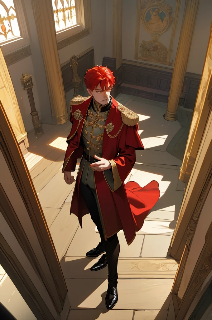 (masterpiece, highest quality), a high angle perspective view of a young man walking in  the castle halls  he has red hair and yellow eyes and five fingers , he is also wearing a red royal medieval suite and robe clothing and has golden medals on his chest, and is wearing black noble shoes, and in the background is the library and a huge glass window with sunlight 