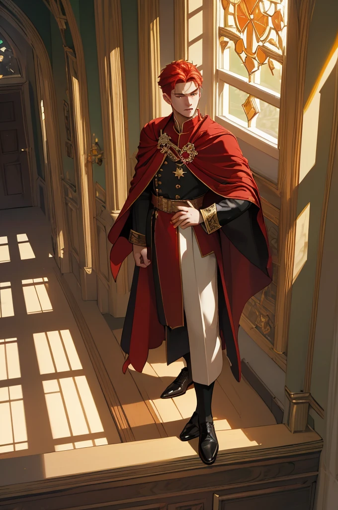 (masterpiece, highest quality), a high angle perspective view of a young man walking in  the castle halls  he has red hair and yellow eyes and five fingers , he is also wearing a red royal medieval suite and robe clothing and has golden medals on his chest, and is wearing black noble shoes, and in the background is the library and a huge glass window with sunlight 